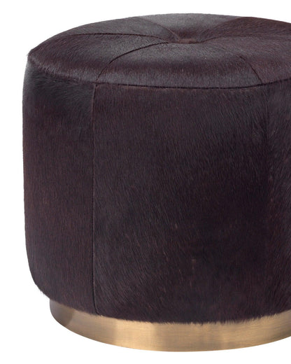 Brown Hide & Gold Accents Small Thackeray Round Pouf Poufs and Stools Sideboards and Things By Jamie Young