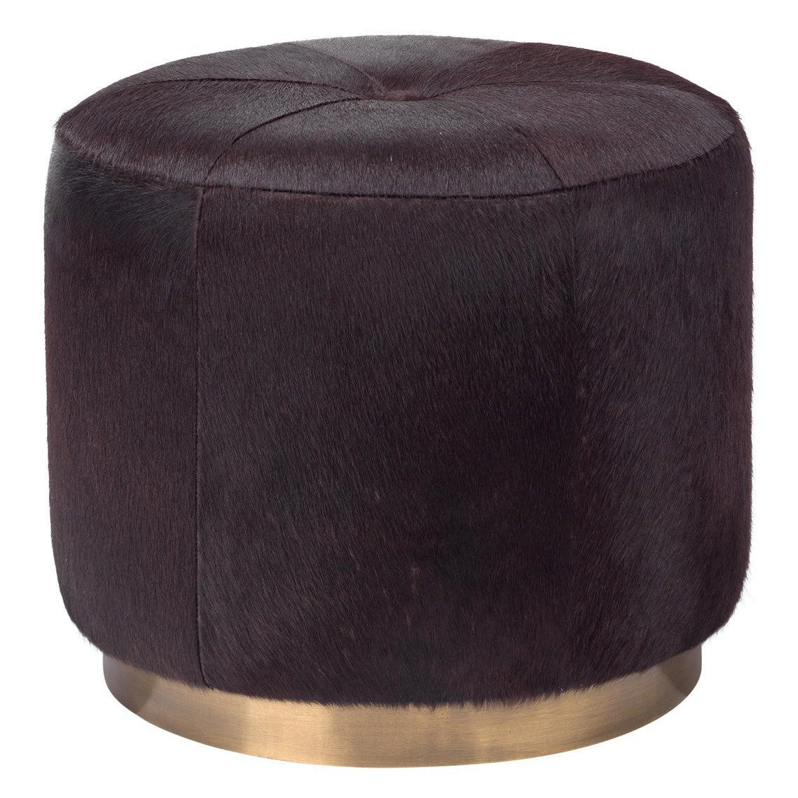 Brown Hide & Gold Accents Small Thackeray Round Pouf Poufs and Stools Sideboards and Things By Jamie Young