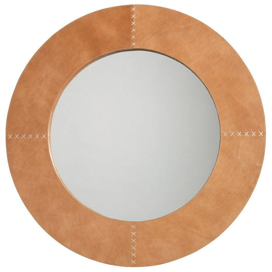 Brown Leather Round Cross Stitch Wall Mirror Wall Mirrors Sideboards and Things By Jamie Young
