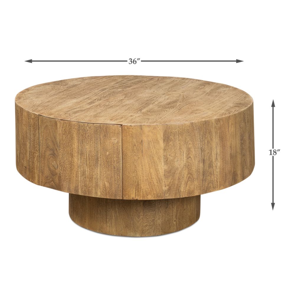 Brutus Barnwood Round Coffee Table With Drawers Round Block-Coffee Tables-Sarreid-LOOMLAN