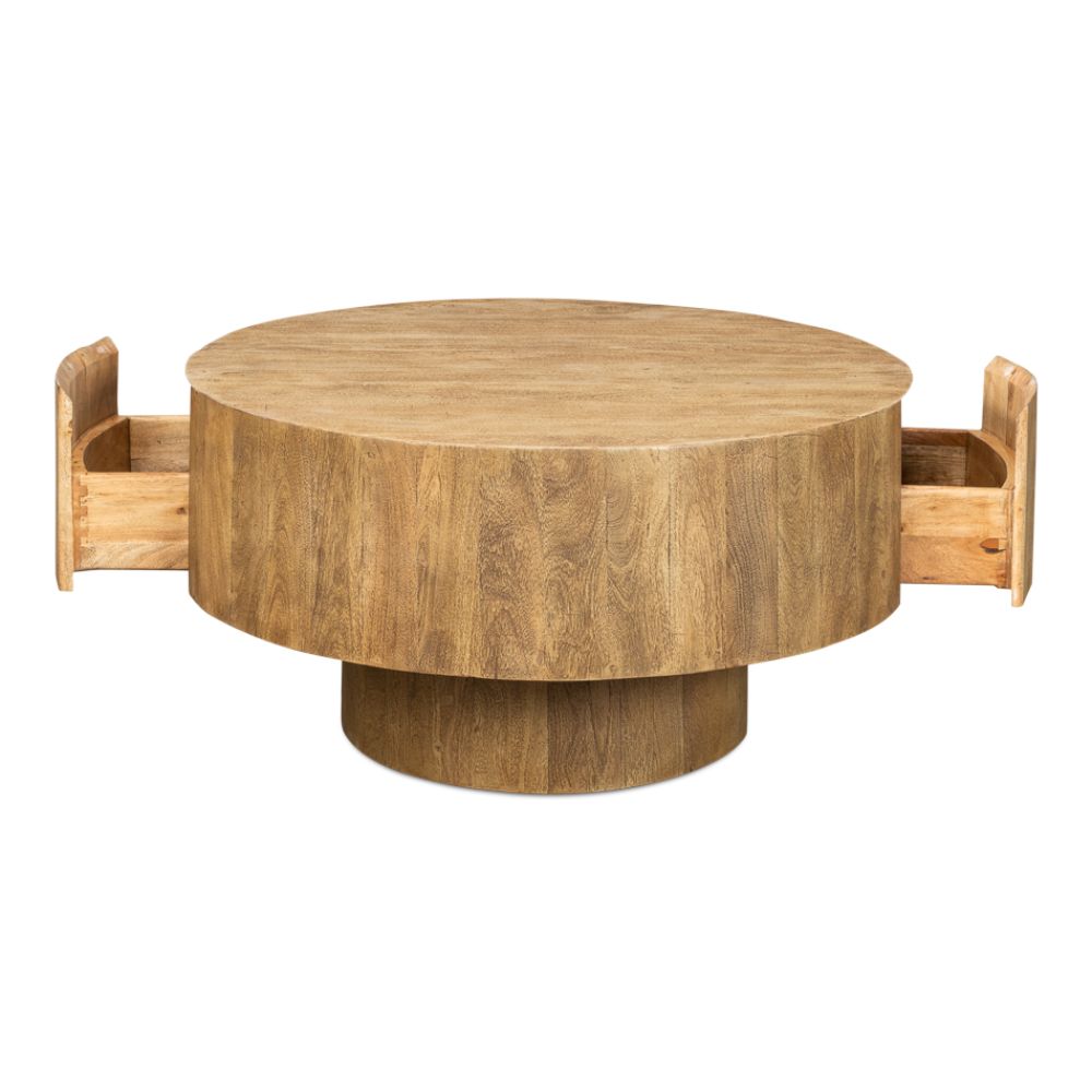 Brutus Barnwood Round Coffee Table With Drawers Round Block-Coffee Tables-Sarreid-LOOMLAN