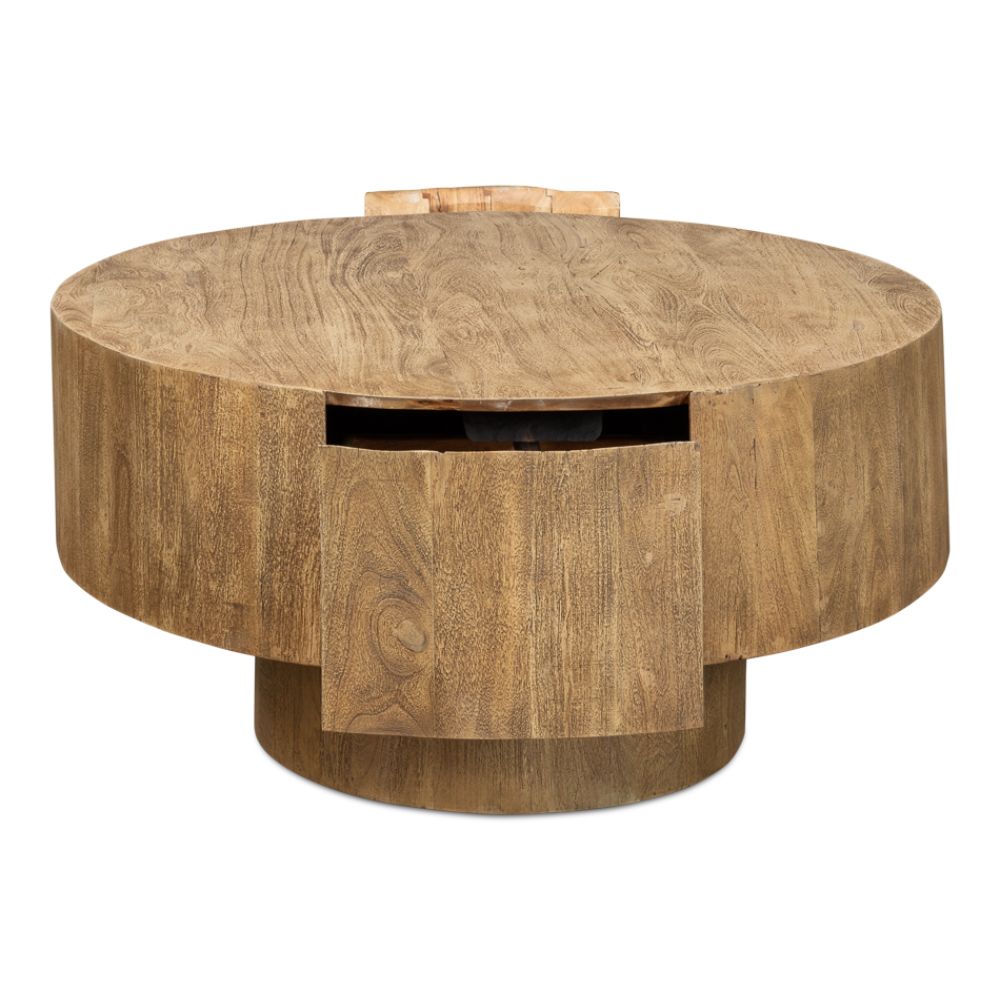 Brutus Barnwood Round Coffee Table With Drawers Round Block-Coffee Tables-Sarreid-LOOMLAN