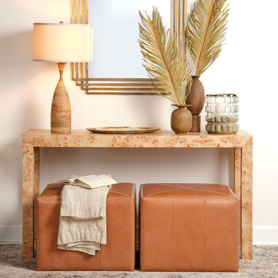 Buff Tan Leather Square Ottoman - Large Ottomans Sideboards and Things By Jamie Young