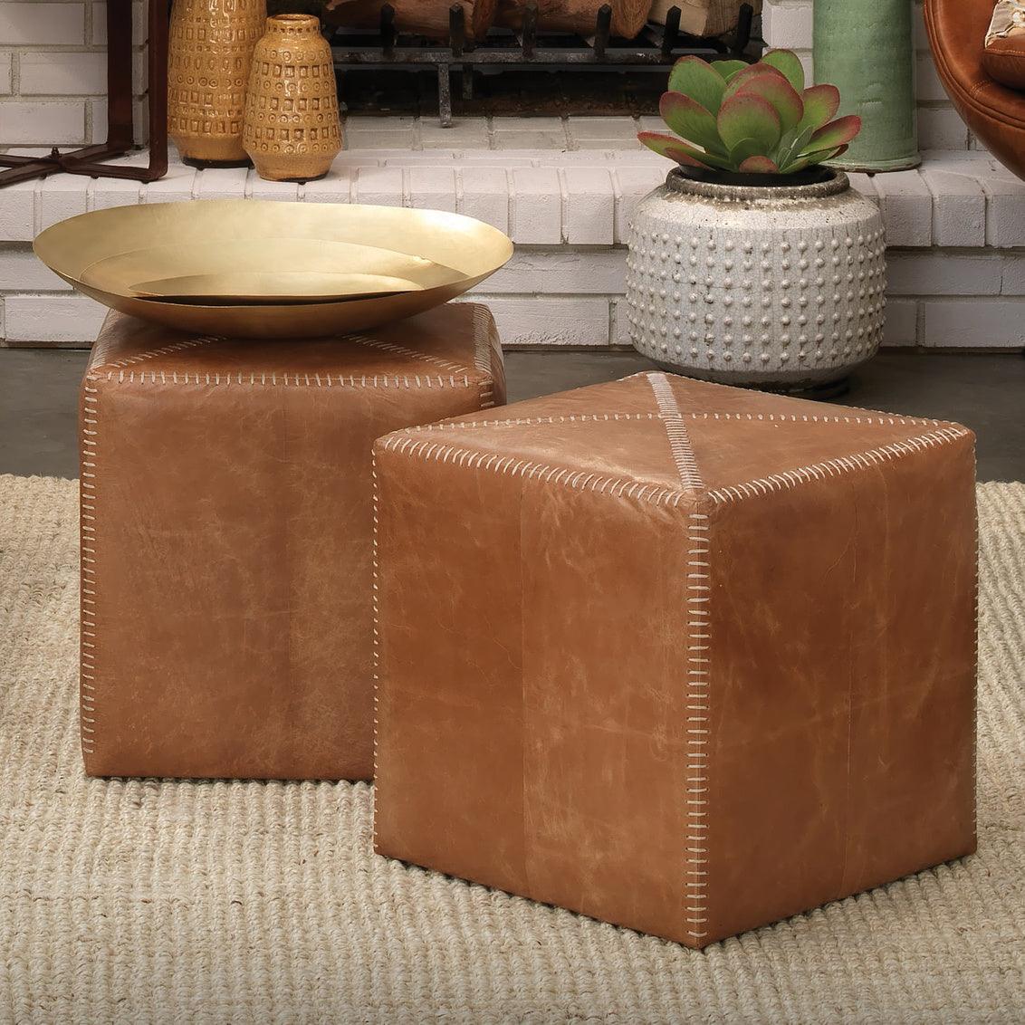 Buff Tan Leather Square Ottoman - Small Ottomans Sideboards and Things By Jamie Young