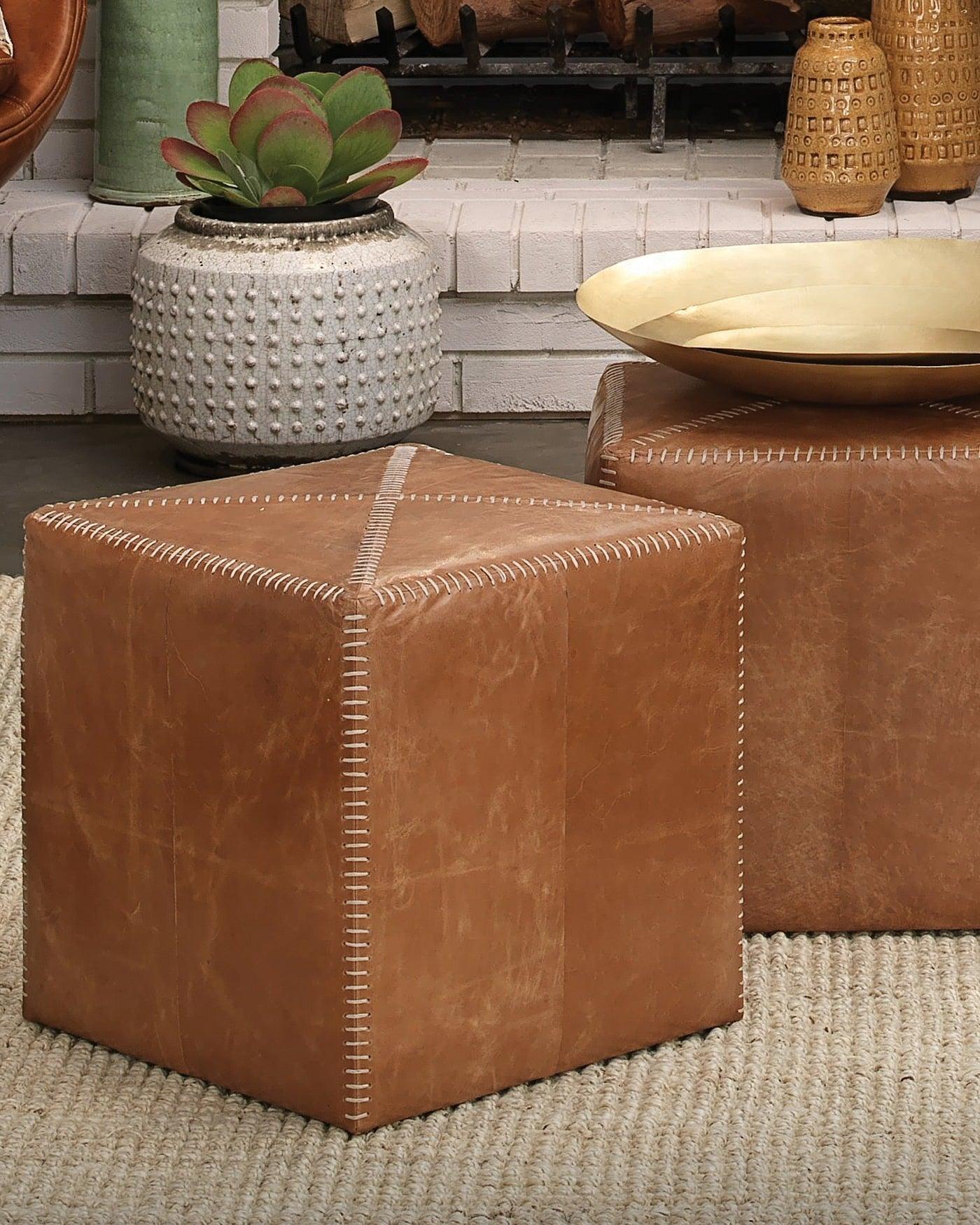 Buff Tan Leather Square Ottoman - Small Ottomans Sideboards and Things By Jamie Young