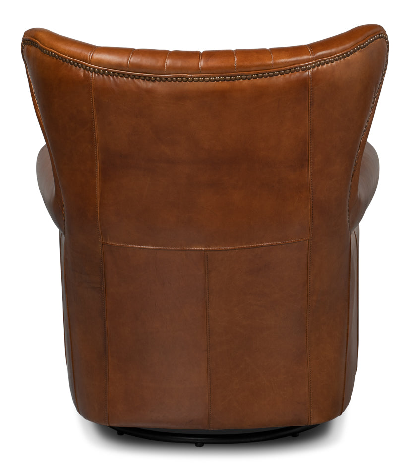 Bugatti Brown Leather Swivel Club Chair-Club Chairs-Sarreid-LOOMLAN