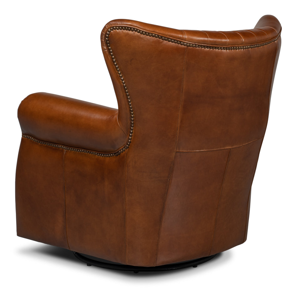 Bugatti Brown Leather Swivel Club Chair-Club Chairs-Sarreid-LOOMLAN