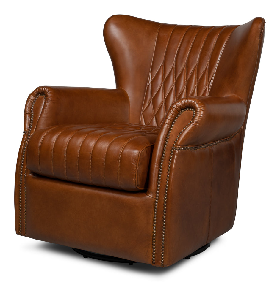 Bugatti Brown Leather Swivel Club Chair-Club Chairs-Sarreid-LOOMLAN