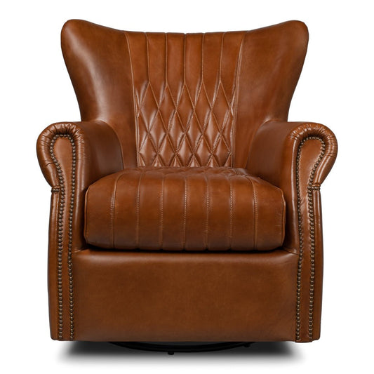 Bugatti Brown Leather Swivel Club Chair-Club Chairs-Sarreid-LOOMLAN