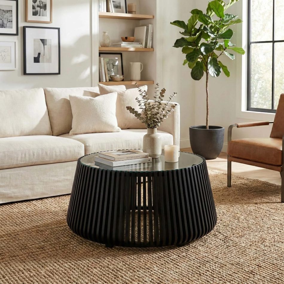LH Home Bungalow Glass Top Round Coffee Table