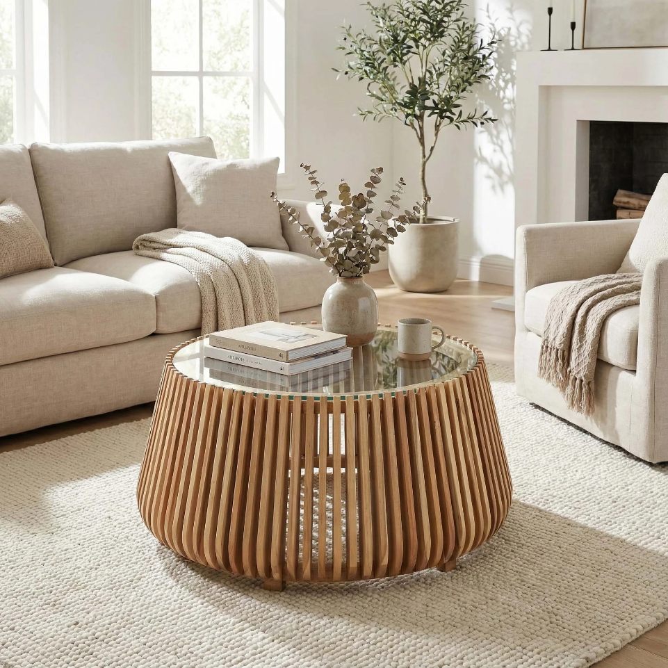 LH Home Bungalow Glass Top Round Coffee Table