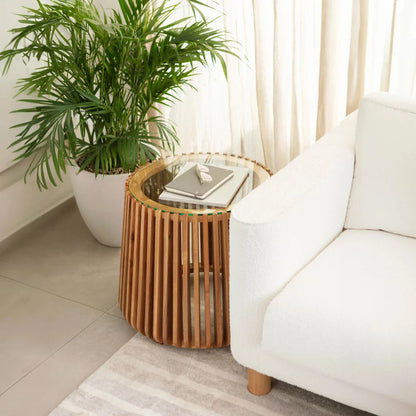 Bungalow Glass Topped Wooden Round Side Table