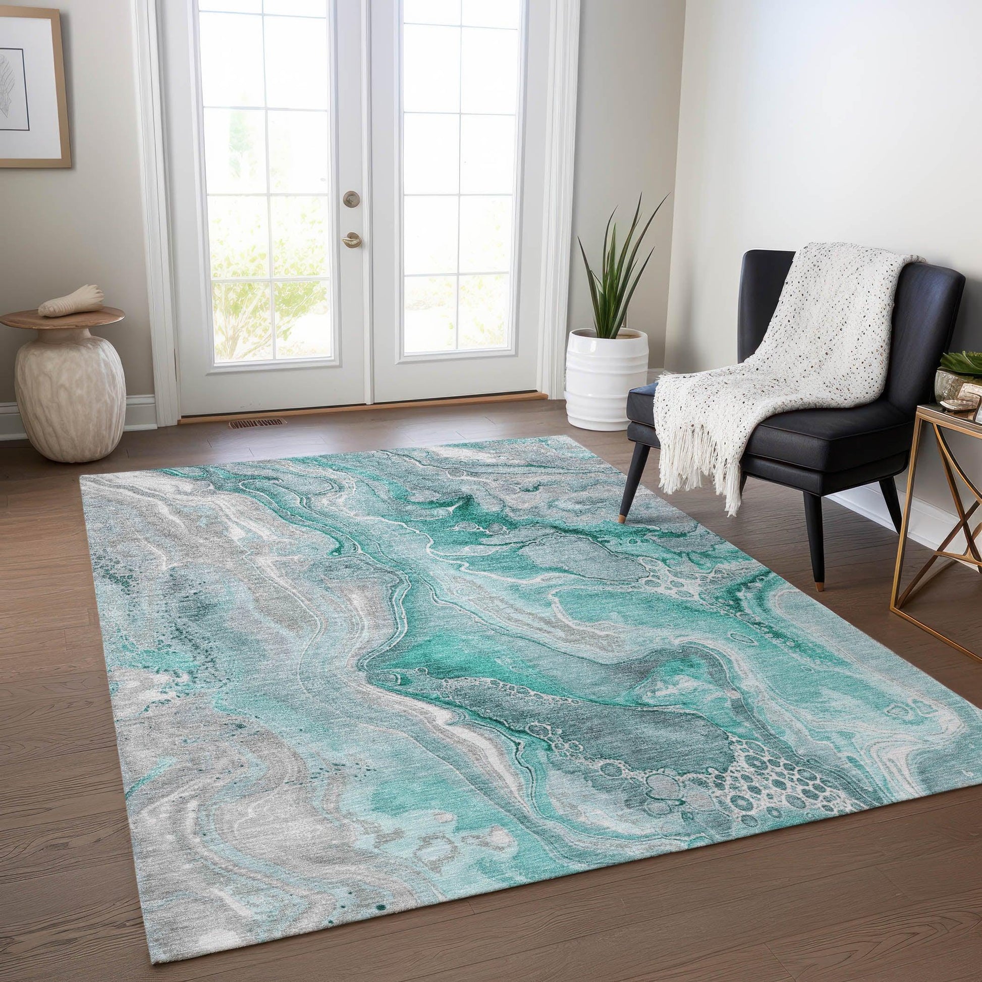 LOOMLAN Rugs Caelara Teal Washable Indoor-Outdoor Rug