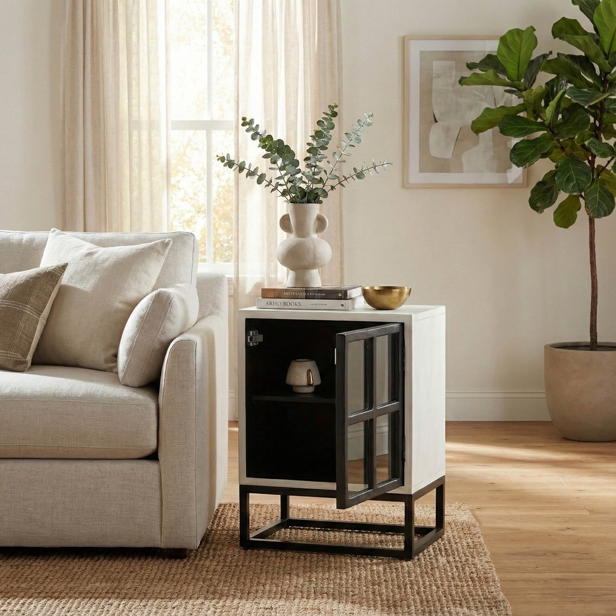 LH Home Caged Wooden White Side Table