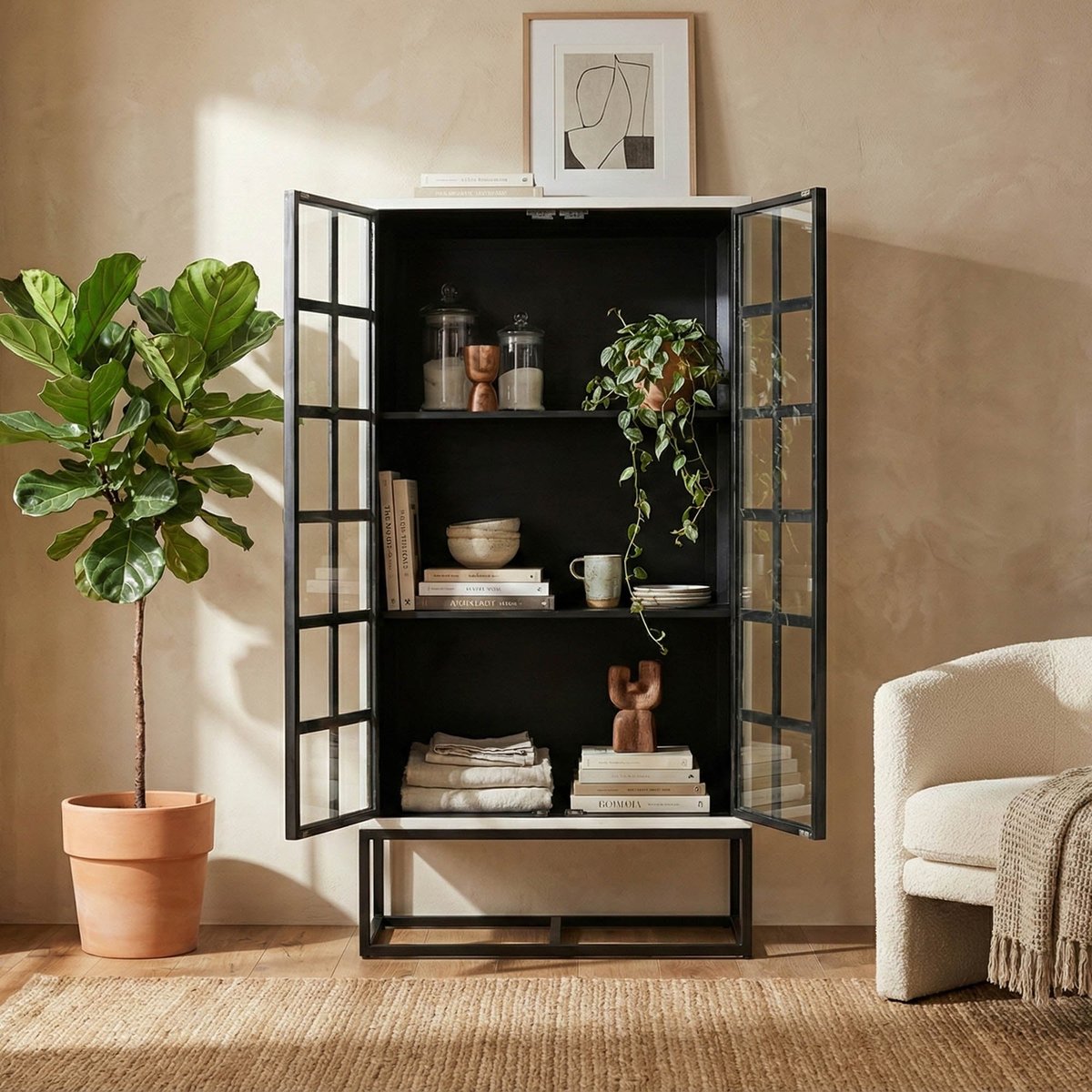LH Home Caged Wooden White Tall Cabinet