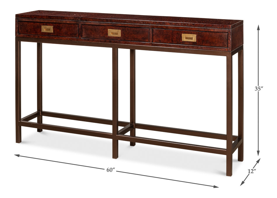 Campaign Embossed Console Table With Drawers Brown Leather-Console Tables-Sarreid-LOOMLAN