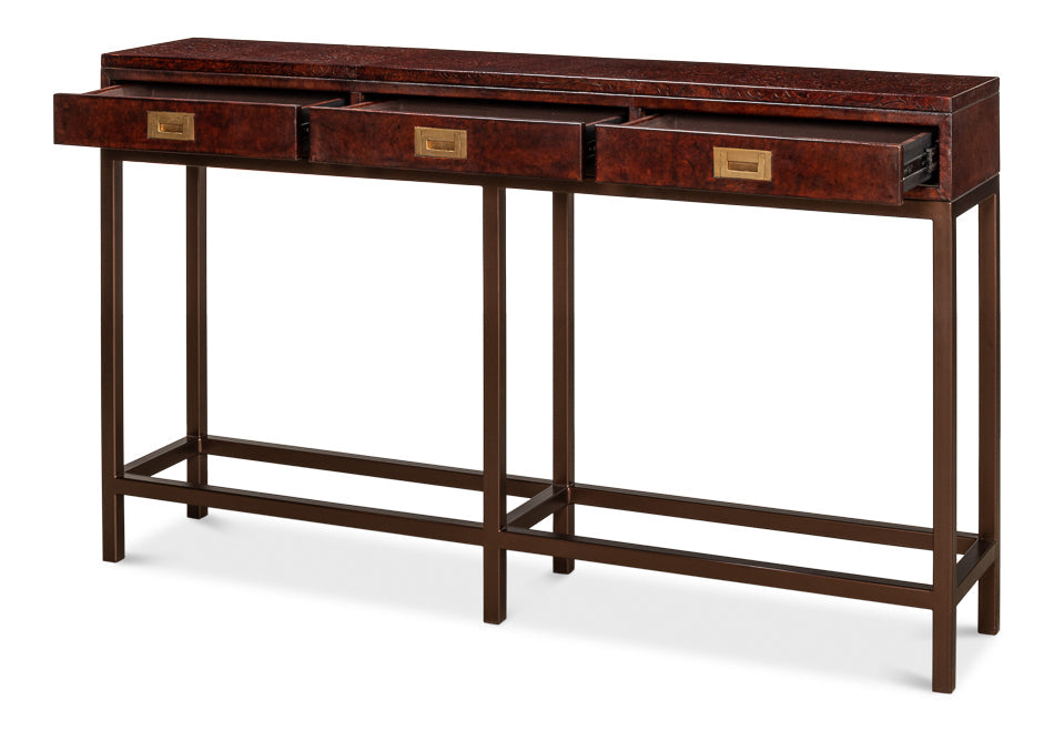 Campaign Embossed Console Table With Drawers Brown Leather-Console Tables-Sarreid-LOOMLAN