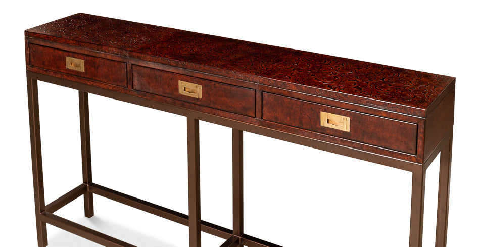 Campaign Embossed Console Table With Drawers Brown Leather-Console Tables-Sarreid-LOOMLAN