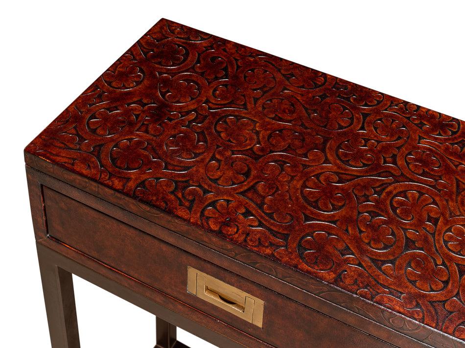 Campaign Embossed Console Table With Drawers Brown Leather-Console Tables-Sarreid-LOOMLAN