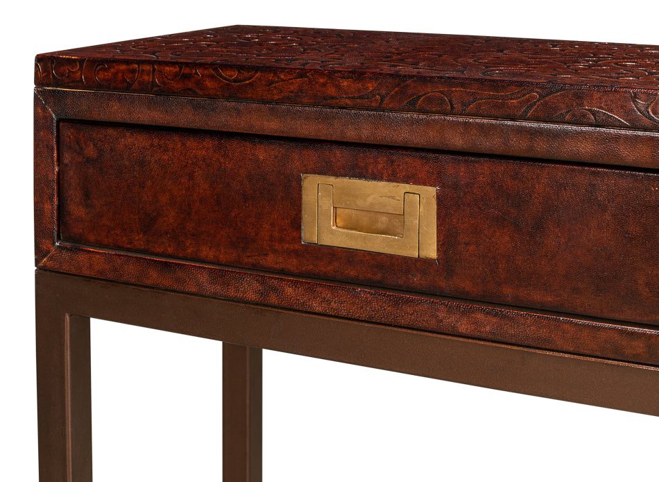 Campaign Embossed Console Table With Drawers Brown Leather-Console Tables-Sarreid-LOOMLAN