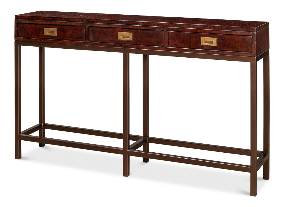 Campaign Embossed Console Table With Drawers Brown Leather-Console Tables-Sarreid-LOOMLAN