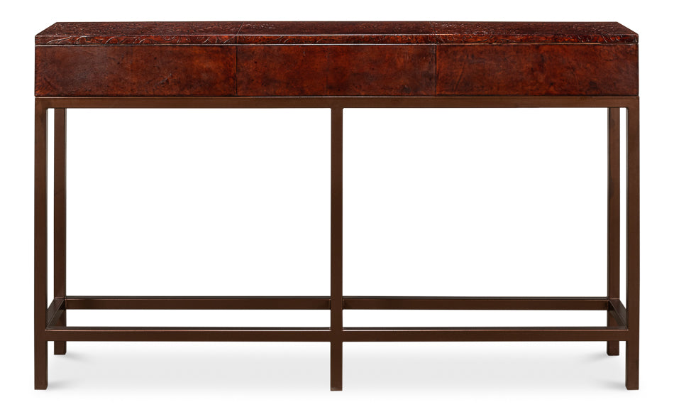 Campaign Embossed Console Table With Drawers Brown Leather-Console Tables-Sarreid-LOOMLAN