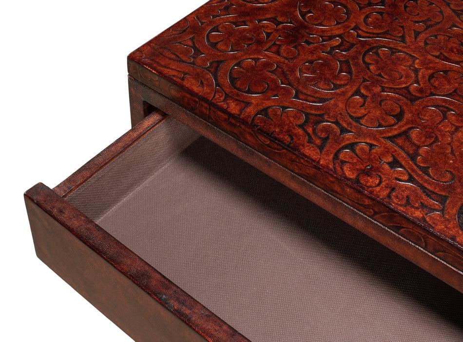 Campaign Embossed Console Table With Drawers Brown Leather-Console Tables-Sarreid-LOOMLAN