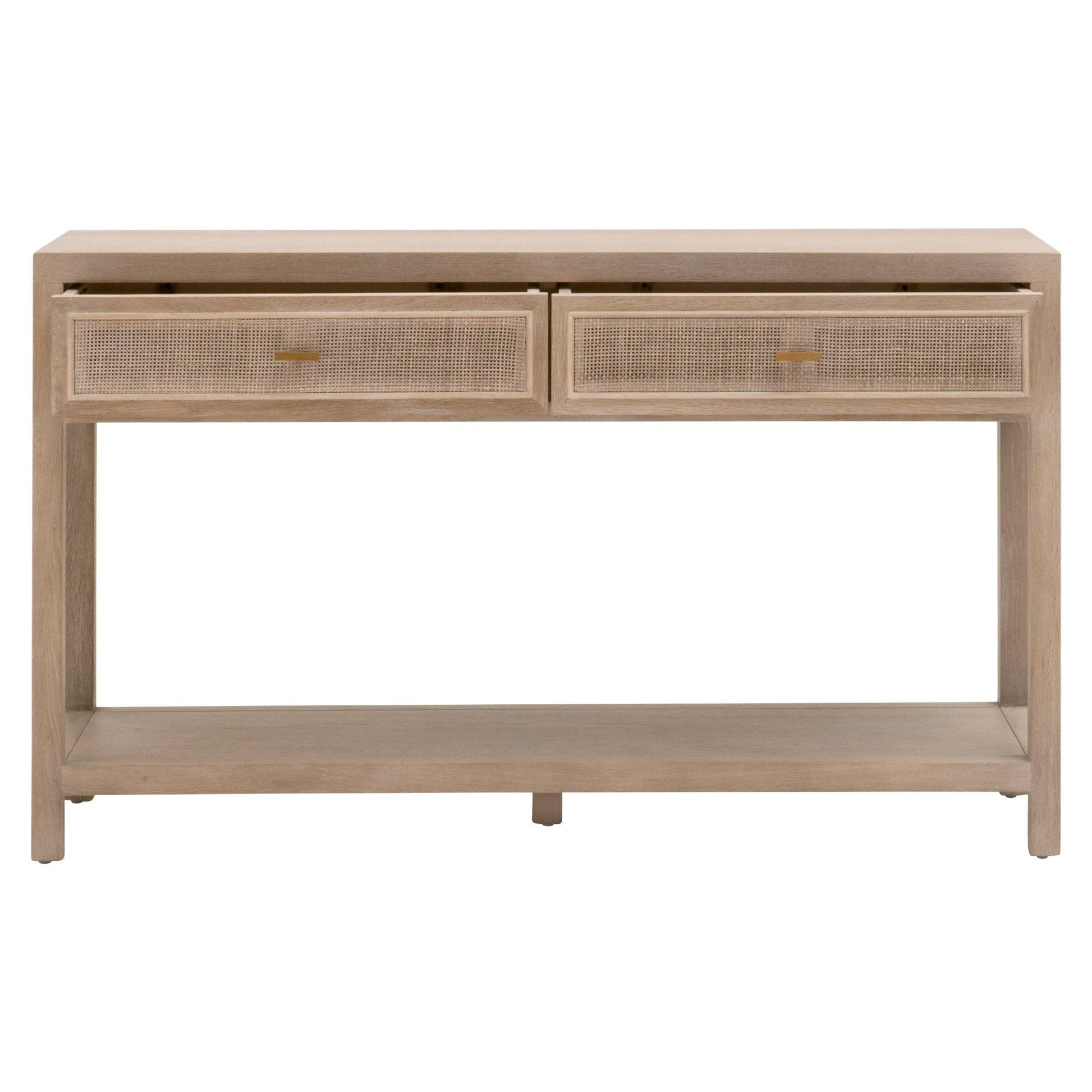 Cane 2-Drawer Entry Console Smoke Gray Oak Wood and Cane Console Tables Sideboards and Things By Essentials For Living