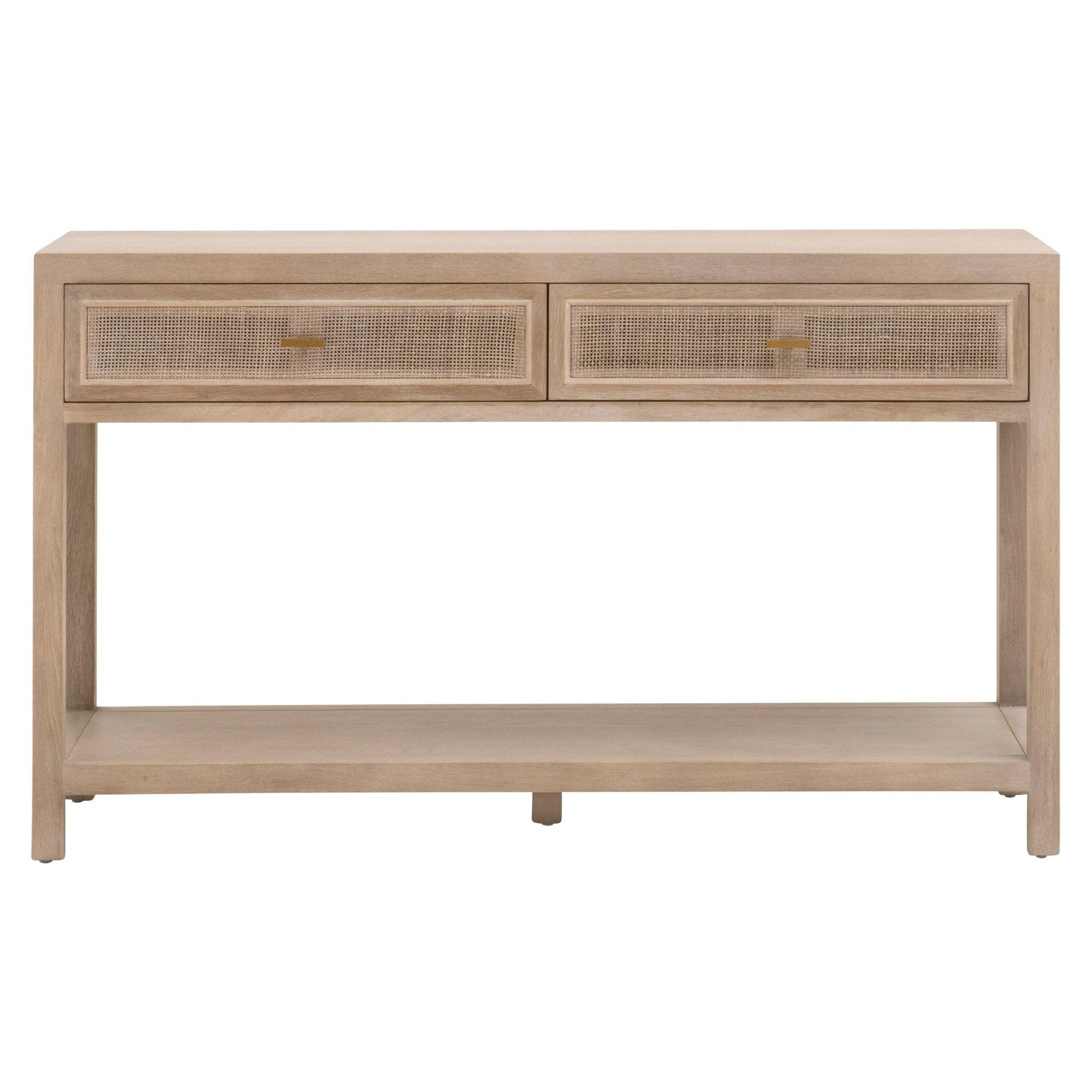 Cane 2-Drawer Entry Console Smoke Gray Oak Wood and Cane Console Tables Sideboards and Things By Essentials For Living