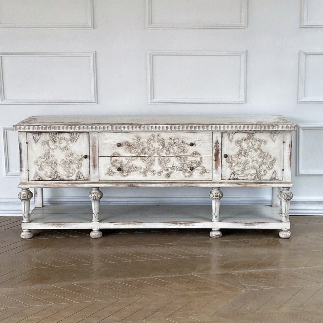 Carved Distressed White Buffet Bianca-Sideboards-Peninsula Home-LOOMLAN