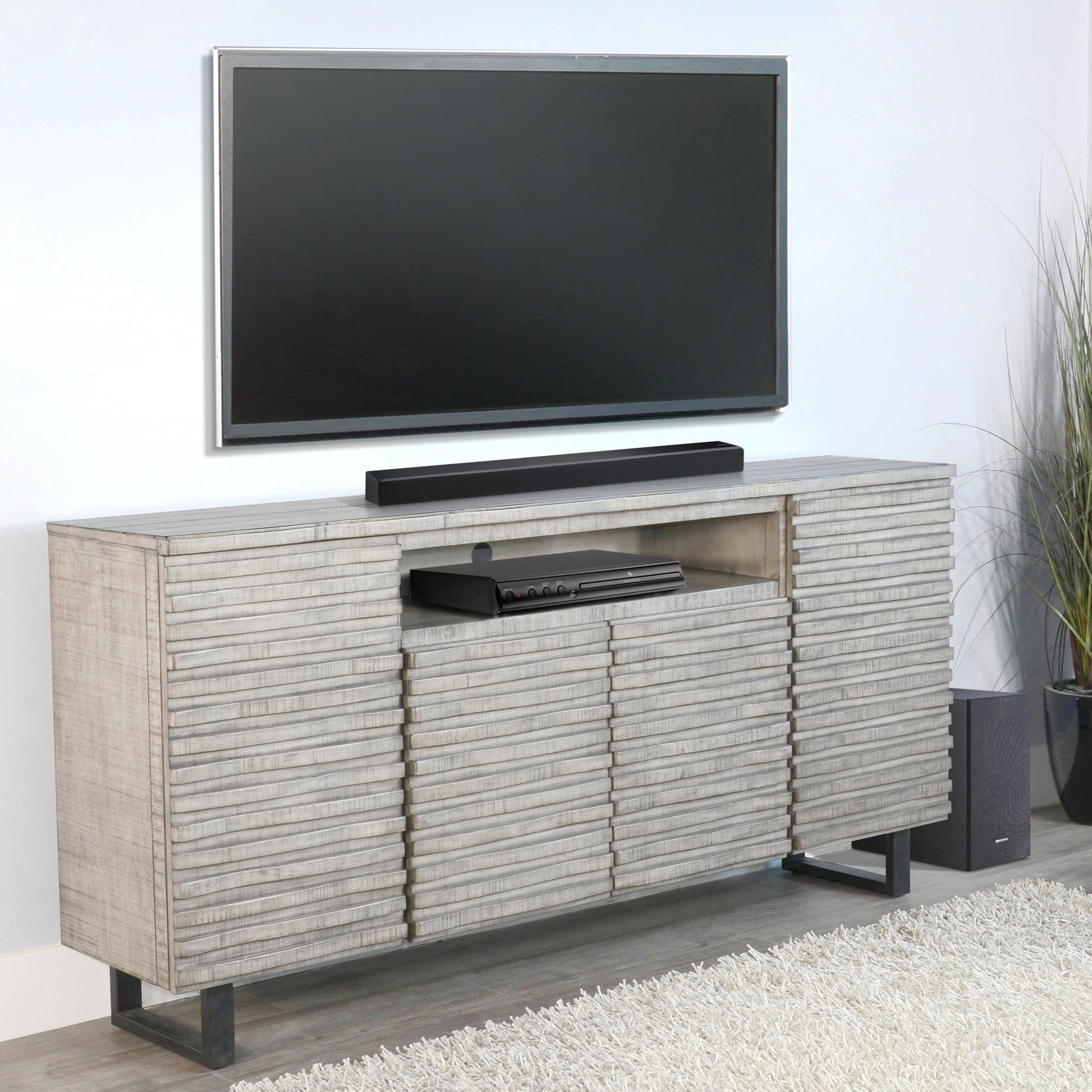 Sunny D Carved Wood TV Stand with Soundbar and Doors