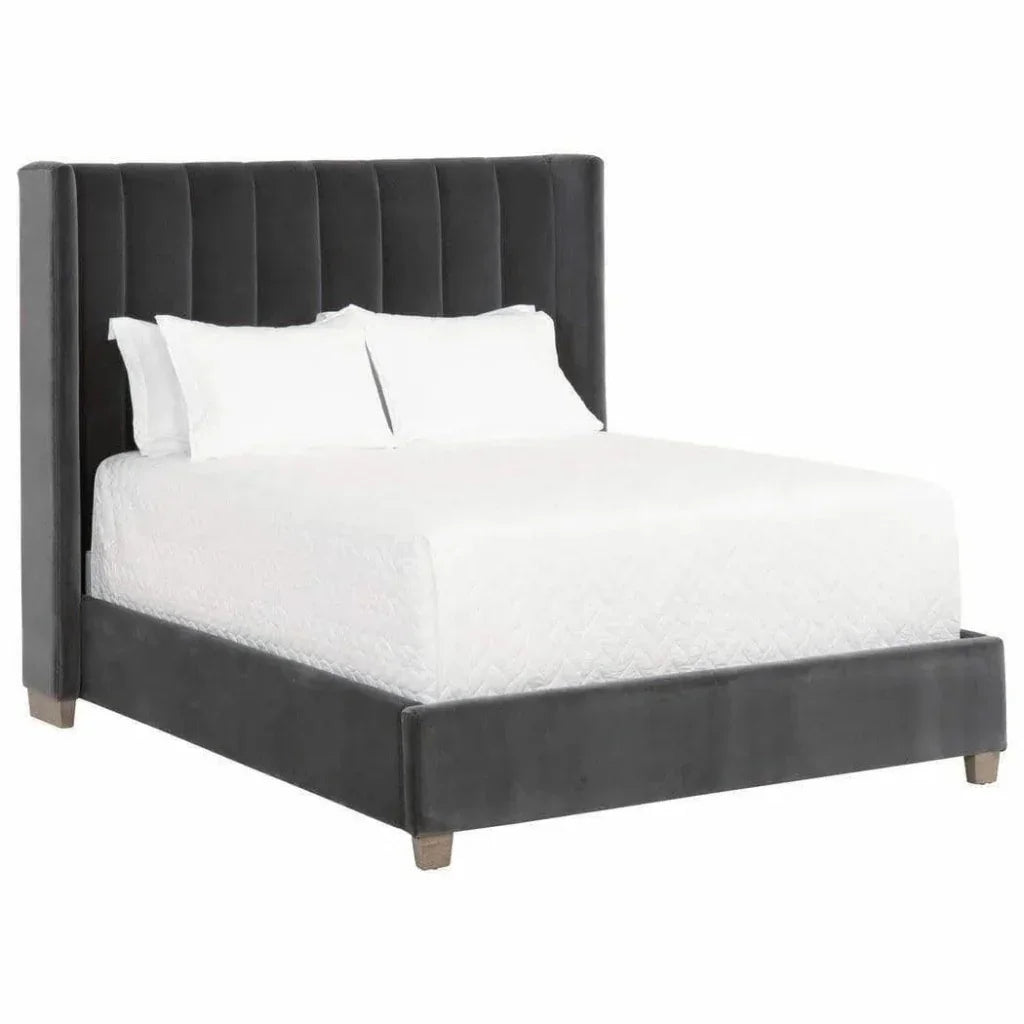 Chandler Wingback Dark Gray Velvet Platform Bed - LOOMLAN - Essentials For Living - Beds