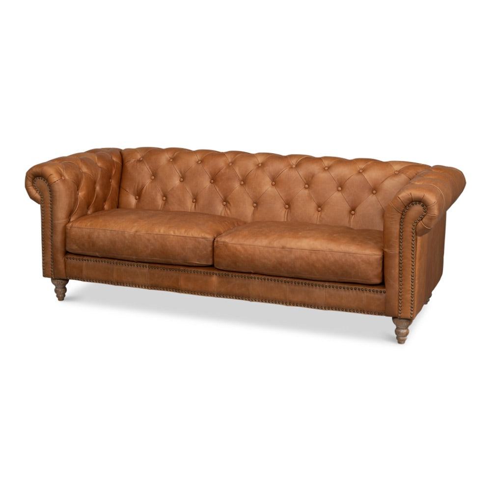 Chesterfield Kingston Sofa Tan Leather 2 Cushions-Sofas & Loveseats-Sarreid-LOOMLAN