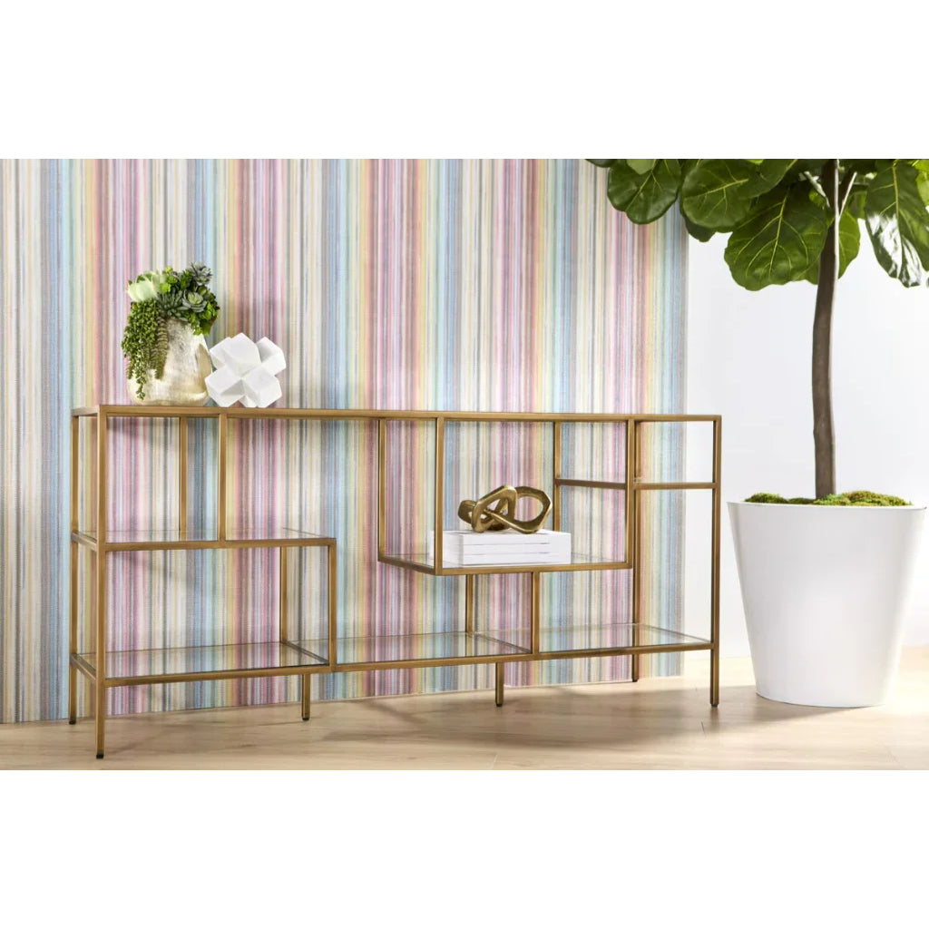 Clear Glass Gold Brass Frame Low and Wide Etagere Etageres Sideboards and Things By Essentials For Living