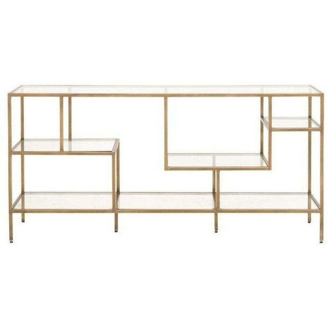 Clear Glass Gold Brass Frame Low and Wide Etagere Etageres Sideboards and Things By Essentials For Living