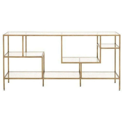 Clear Glass Gold Brass Frame Low and Wide Etagere Etageres Sideboards and Things By Essentials For Living