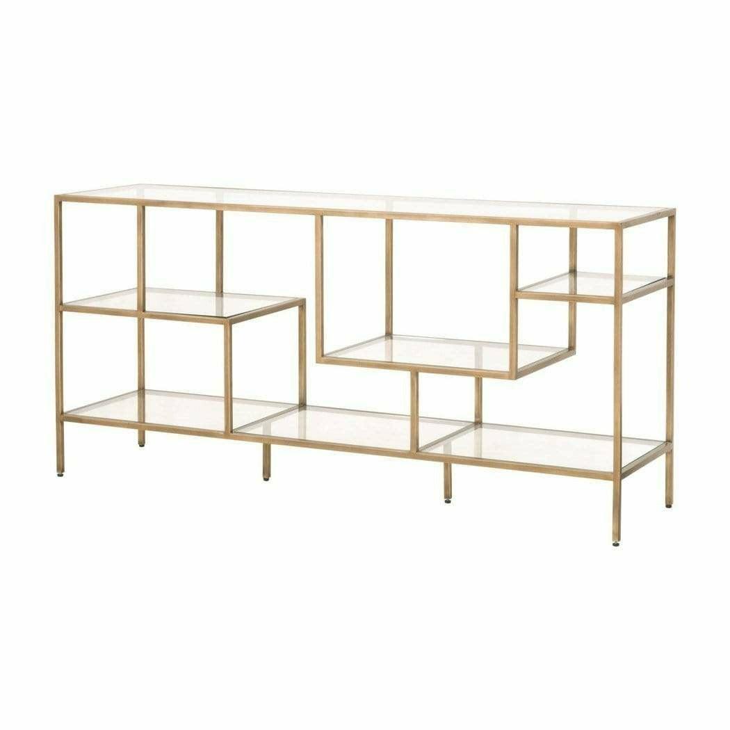 Clear Glass Gold Brass Frame Low and Wide Etagere Etageres Sideboards and Things By Essentials For Living