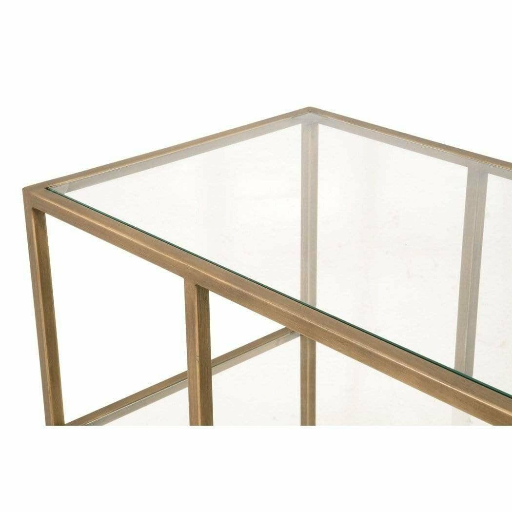 Clear Glass Gold Brass Frame Low and Wide Etagere Etageres Sideboards and Things By Essentials For Living
