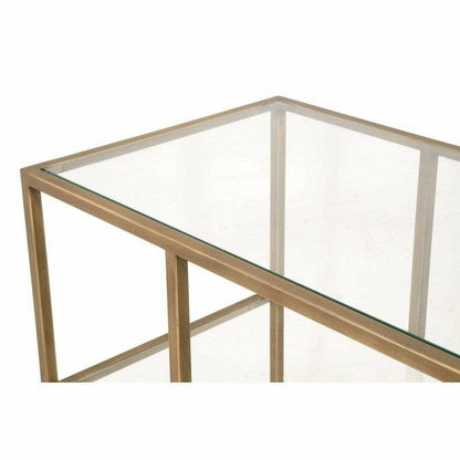 Clear Glass Gold Brass Frame Low and Wide Etagere Etageres Sideboards and Things By Essentials For Living