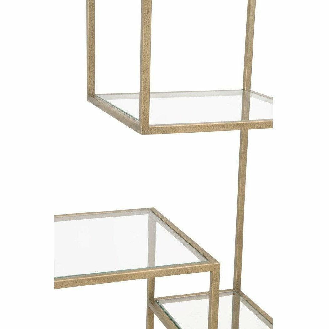 Clear Glass Gold Brass Frame Low and Wide Etagere Etageres Sideboards and Things By Essentials For Living