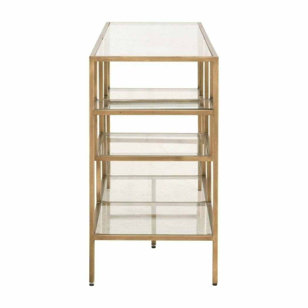 Clear Glass Gold Brass Frame Low and Wide Etagere Etageres Sideboards and Things By Essentials For Living