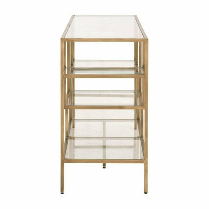 Clear Glass Gold Brass Frame Low and Wide Etagere Etageres Sideboards and Things By Essentials For Living
