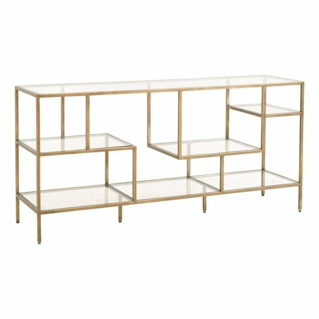 Clear Glass Gold Brass Frame Low and Wide Etagere Etageres Sideboards and Things By Essentials For Living
