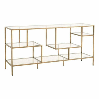 Clear Glass Gold Brass Frame Low and Wide Etagere Etageres Sideboards and Things By Essentials For Living
