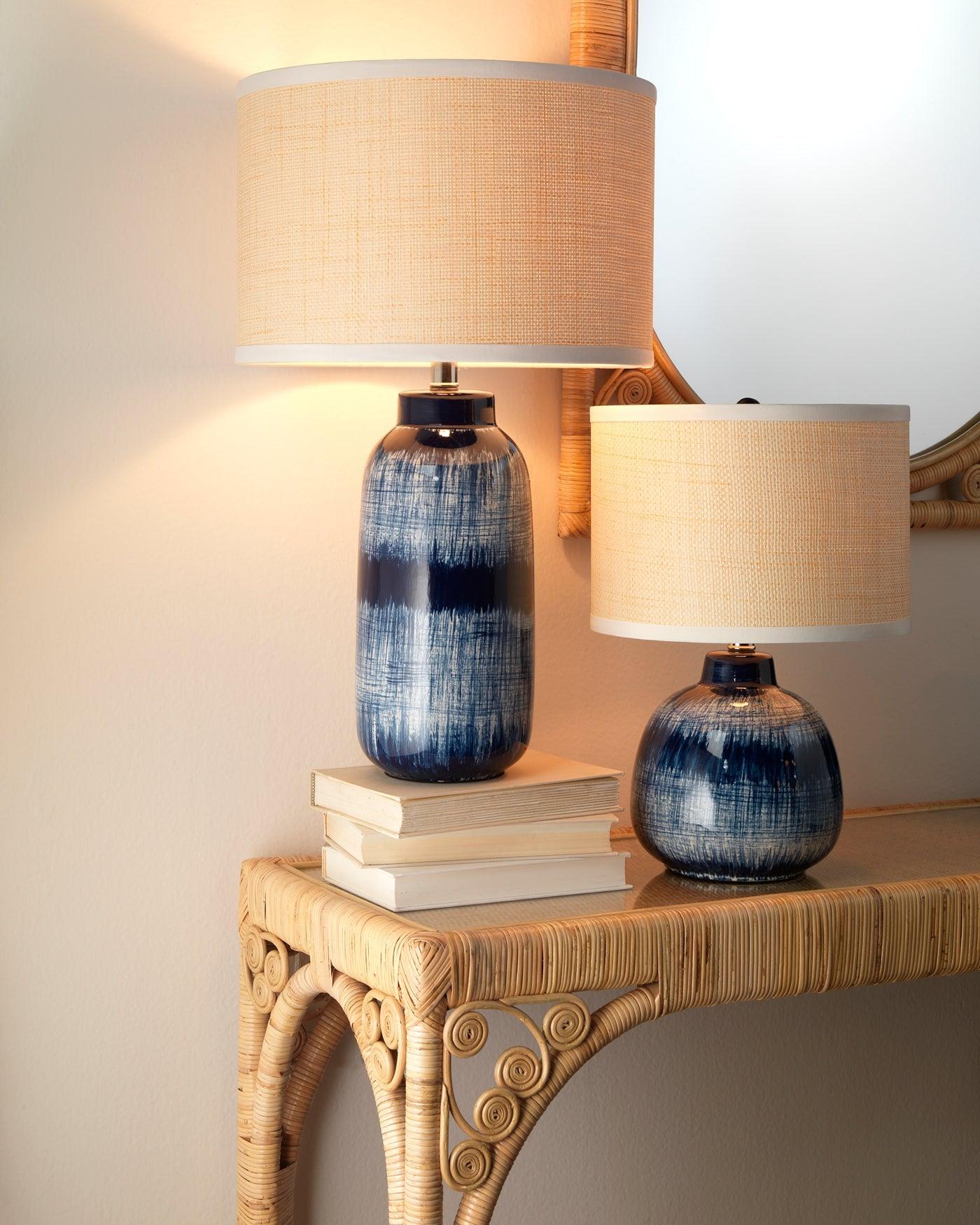 Coastal Large Batik Blue Ceramic Table Lamp Beige Shade Table Lamps Sideboards and Things By Jamie Young