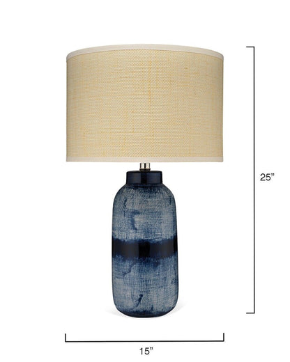 Coastal Large Batik Blue Ceramic Table Lamp Beige Shade Table Lamps Sideboards and Things By Jamie Young