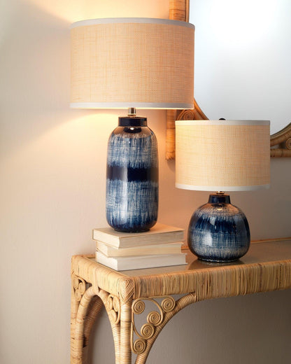 Coastal Small Batik Blue Ceramic Table Lamp Beige Shade Table Lamps Sideboards and Things By Jamie Young