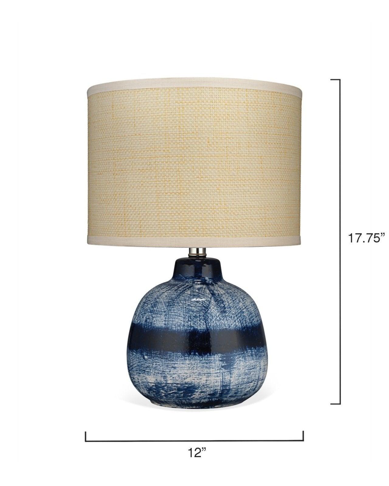 Coastal Small Batik Blue Ceramic Table Lamp Beige Shade Table Lamps Sideboards and Things By Jamie Young