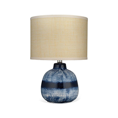 Coastal Small Batik Blue Ceramic Table Lamp Beige Shade Table Lamps Sideboards and Things By Jamie Young