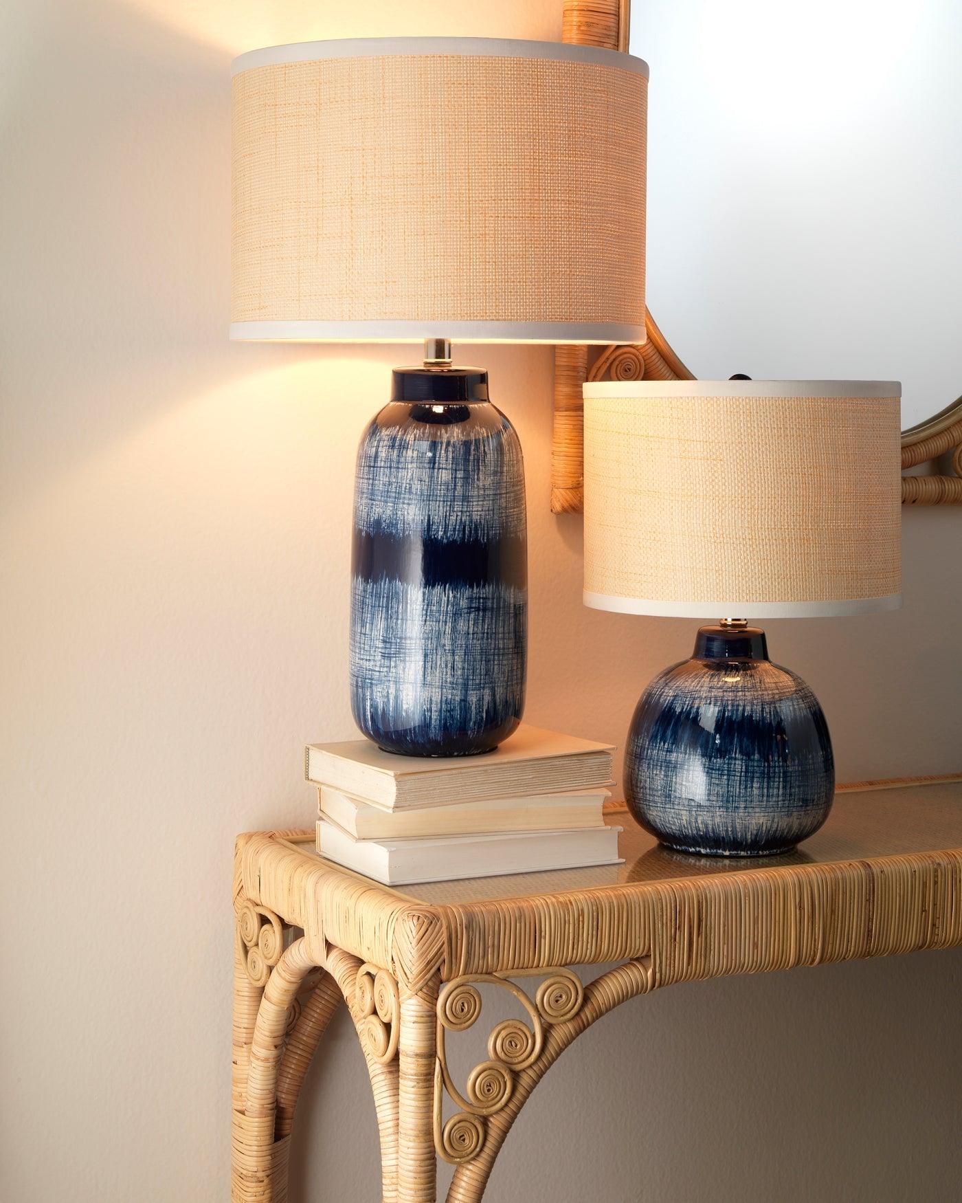 Coastal Small Batik Blue Ceramic Table Lamp White Shade Table Lamps Sideboards and Things By Jamie Young